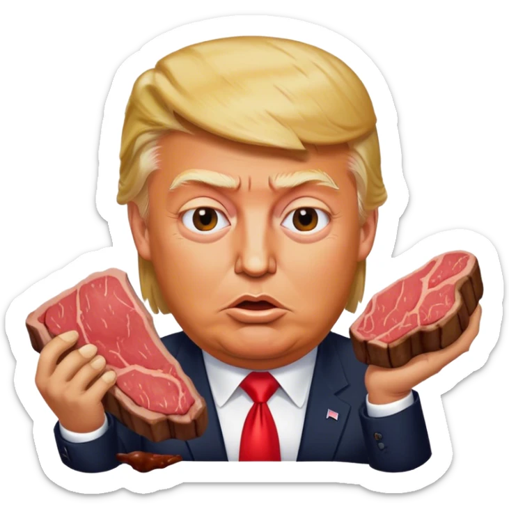 photorealistic Donald Trump eating a steak shaped like an piece of land sticker