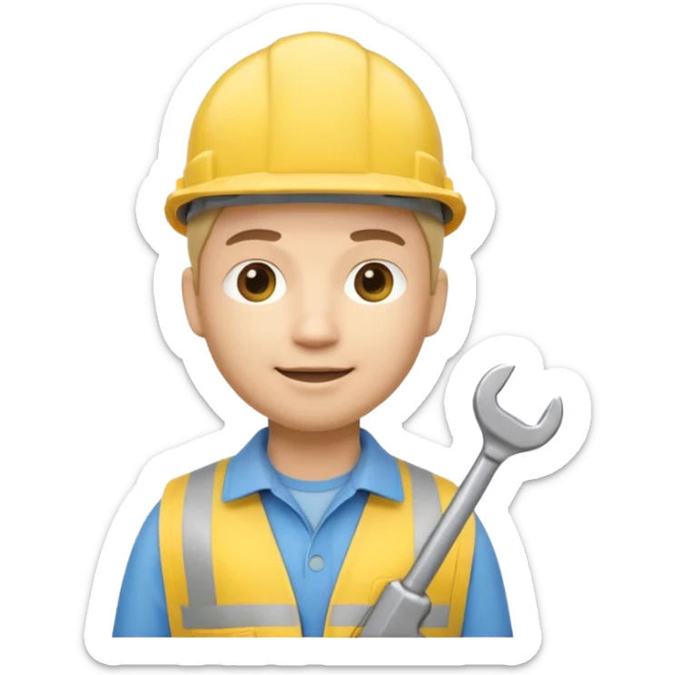Apple Memoji-style 3D emoji of an engineer wearing a yellow hardhat holding a wrench, soft shading, rounded shapes, no background.
 sticker