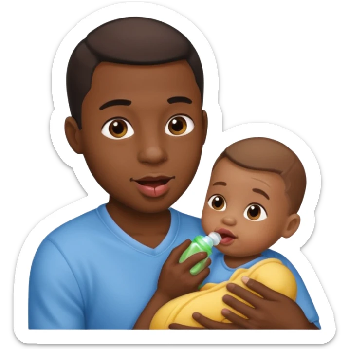 Black male licking his lips. He is holding a baby in one hand and baby oil in the other sticker
