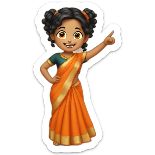 smiling and pointing 3 years old indian girl with black curly hair in pigtails wearing a orange saree sticker