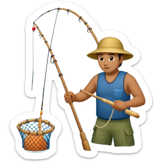 A Polynesian fisherman in the water fishing with a net at the water's edge sticker