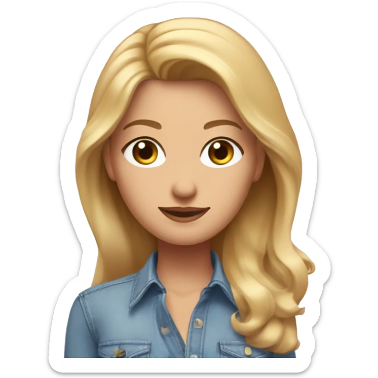 acurvy blonde woman with long hair, blue eyes and a light pink shirt, and a jean skirt, with a transparent backround sticker