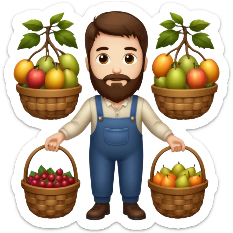 full body man long brown hair brown eyes medium beard white skin holding basket of strange glowing fruits sticker