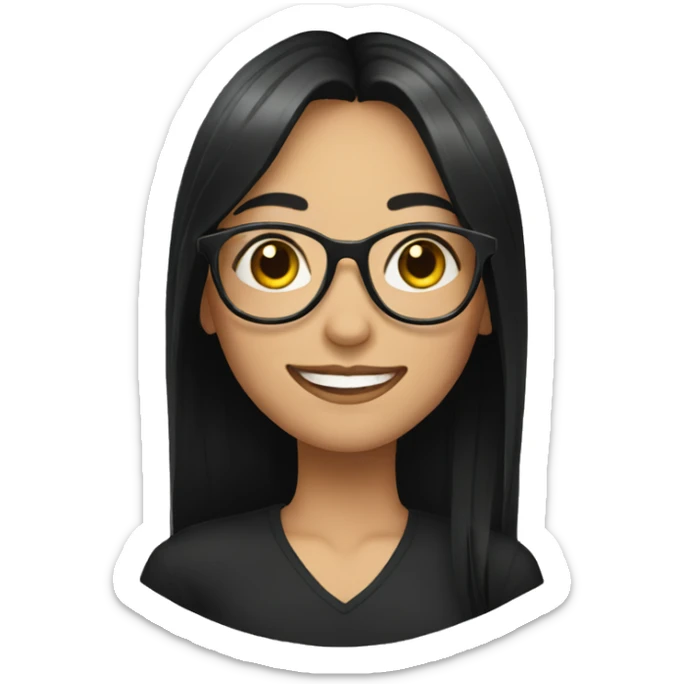 girl wearing black clothes, with long black hair, glasses, smile,  sticker