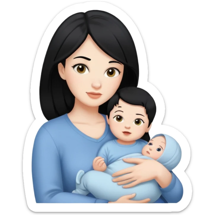Pretty mom with black hair and white skin holding baby boy black hair with white skin  sticker