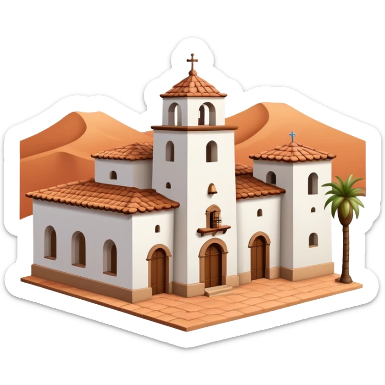 Spanish mission style house with bell tower, arches, and clay tile roof sticker