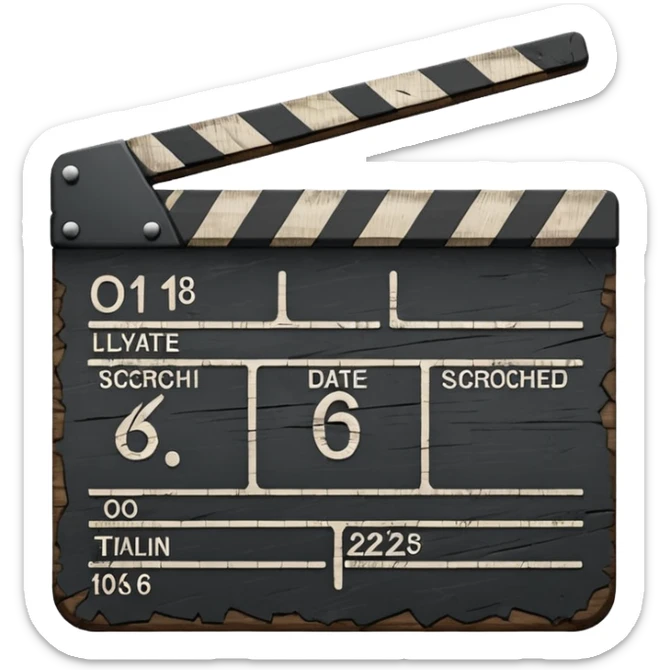 Minimalist emoji-style sticker of a cracked movie clapperboard with the date “06/06/66”, faint scorched marks, all in grayscale


 sticker