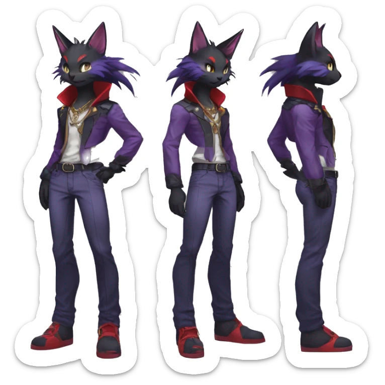 cool edgy anthro godly black purple red ethereal fantasy beautiful elegant nargacuga-Noivern-cat-Fakemon wearing a collar, cargo pants, full body sticker