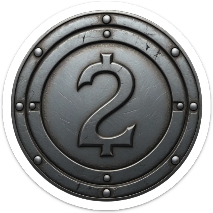 Minimal emoji, gothic metal coin made of black steel, engraved number 2 at the center, ancient industrial aesthetic, worn metal texture, no glow, no neon, flat emoji design, centered, transparent background sticker