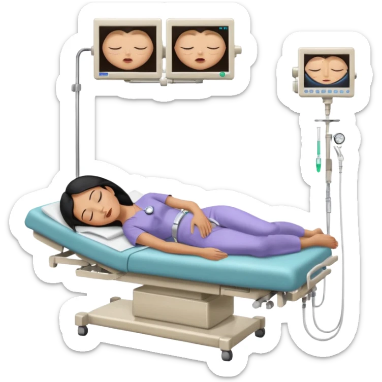 A black-haired woman in her 50s lying on an examination bed with eyes closed, shown in a wide, full-body shot in a clean colonoscopy procedure room. Only the patient is visible. sticker