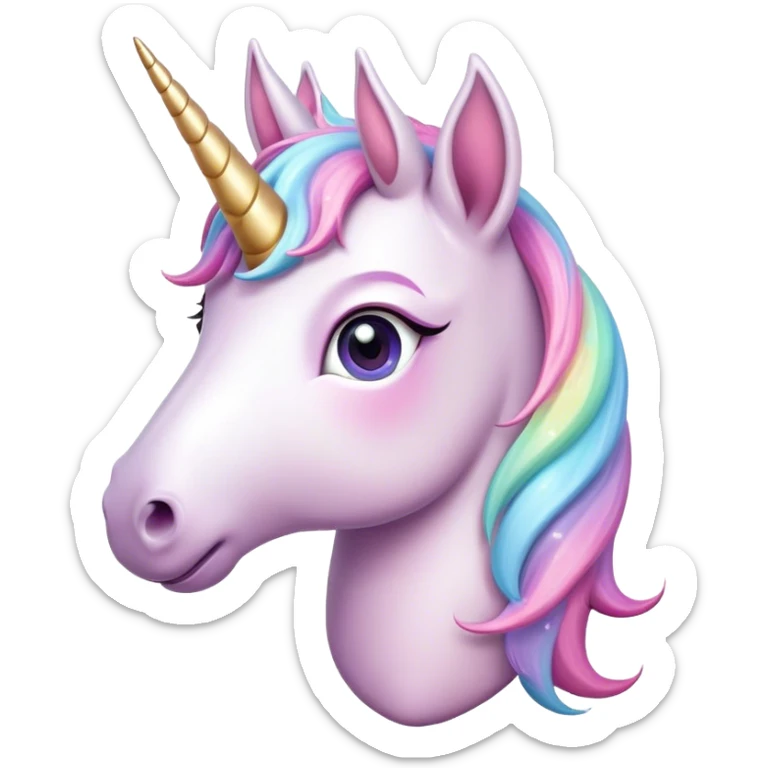 Cinematic Cute Unicorn Pony Portrait Emoji, Head tilted playfully and inquisitively, featuring a charming, diminutive form with a gentle pastel color, a delicate, sparkling horn and large, dreamy eyes full of wonder, Simplified yet irresistibly adorable features, highly detailed, glowing with a warm, magical glow, high shine, affectionate and lively, stylized with a touch of whimsical charm, soft glowing outline, capturing the essence of a mischievous yet endearing unicorn pony that seems as if it could prance out of the screen into your arms! sticker