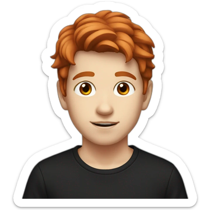 A white teenager boy with big brown eyes and middle-parted red hair, wearing a black T-shirt. sticker