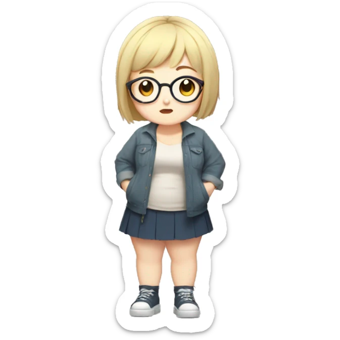 Chubby anime girl with glasses and short blonde hair, full body wearing cute clothes sticker