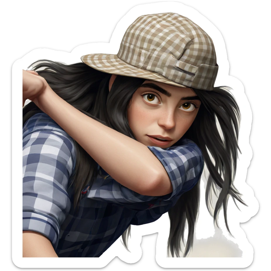 girl in plaid shirt with hat sticker