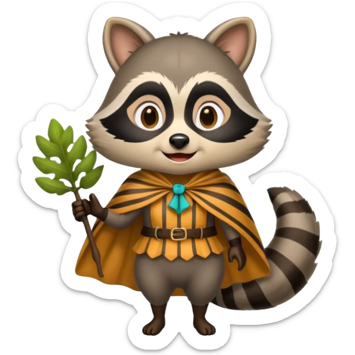 forest emoji woman dressed as raccoon trickster, striped tail cape, playful grin sticker