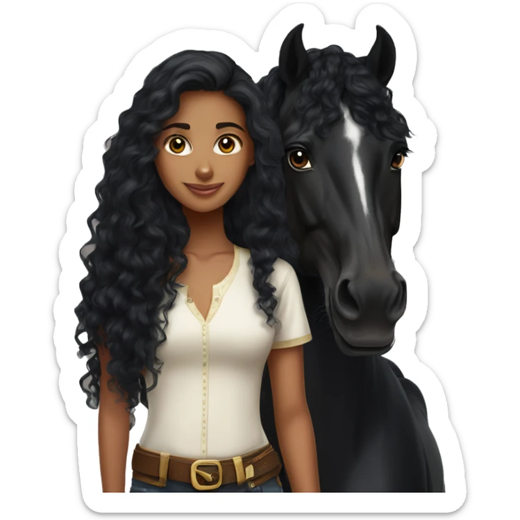  Brazilian girl, long black curly hair, standing next to a black Arabian horse sticker
