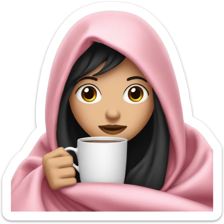 white girl with black straight hair inside a pink blanket sipping coffee eyes closed sticker