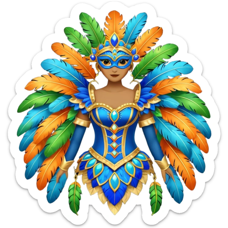 carnival mas costume, blue, green and orange preferably, full costume feathers at the back  sticker