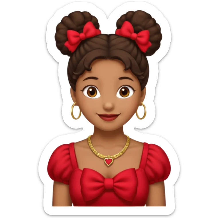 Brownskin girl dark brown hair fluffy.Two buns with red bows brown eyes smiling closed mouth red shift gold necklace sticker