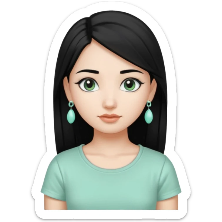 A girl emoji wearing silver jhumka and light mint green colour tshirt with dark black hair sticker