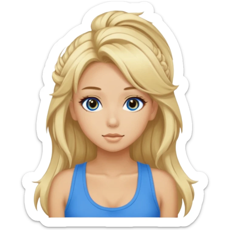 A very tan girl in a blue tank with yamamba gyaru makeup and big blonde hair sticker