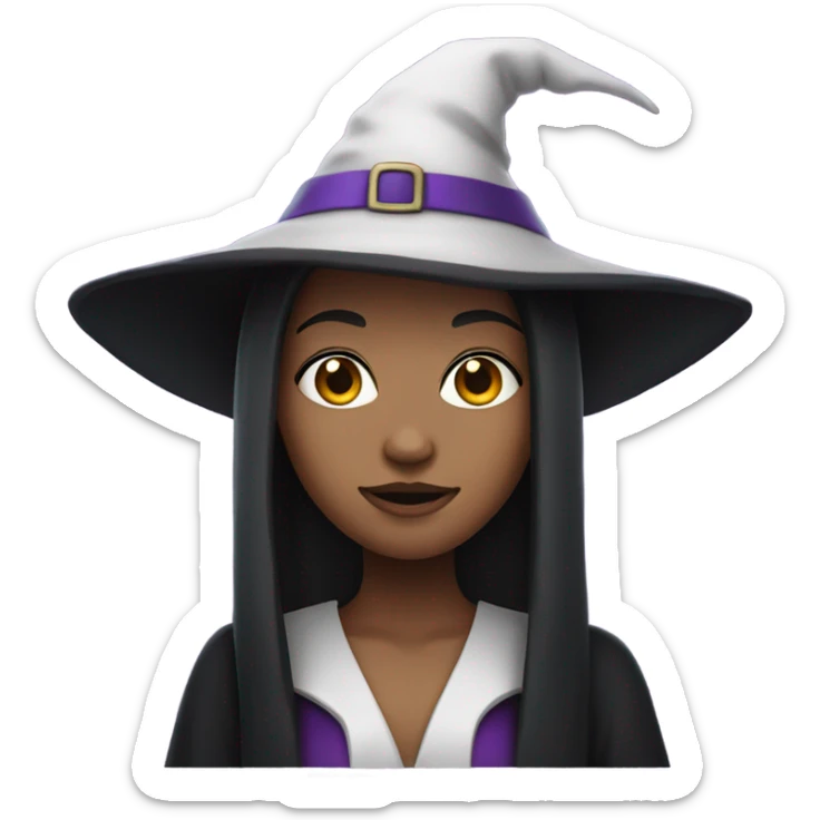 a young white brown thin girl with straight black hair dressed as a witch with purple hat sticker
