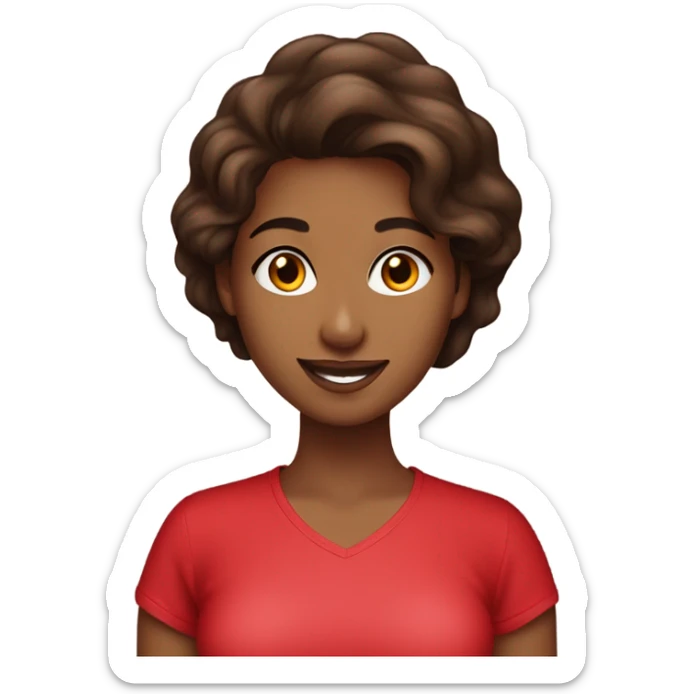 Light brown pretty lady with beautiful  dark brown hair red lipstick and with a red happy Valentine’s Day t-shirt sticker