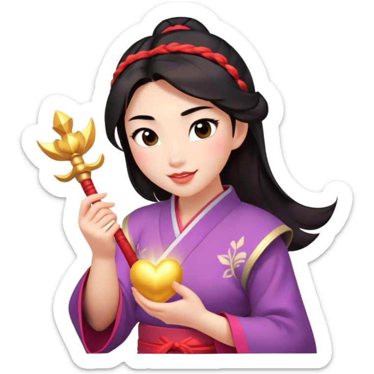 Cinematic Adorable Mulan Portrait Emoji, Playfully holding Cri-Kee in her hands, eyes sparkling with mischief, soft rosy cheeks, a warrior with a heart full of charm, radiant in the morning sunlight, glowing with warmth and joy! sticker