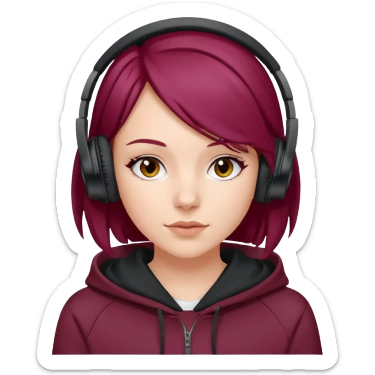 white girl with burgundy hair, deportive hoodie and black headphones sticker