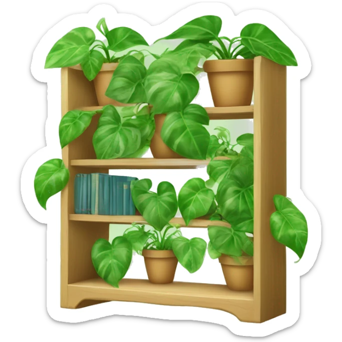 A cute bookshelf with a pothos plants that has heaps of vines of leaves hanging down halfway down the shelf sticker