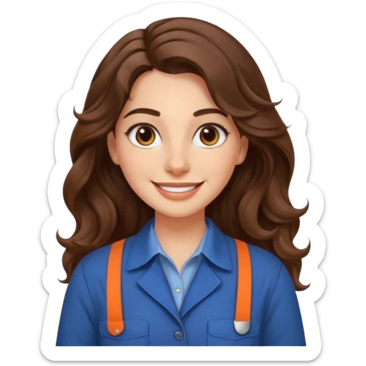 30 yr old italian woman, long brown wavy hair, big brown eyes, huge smile, work clothes, no bangs,  sticker