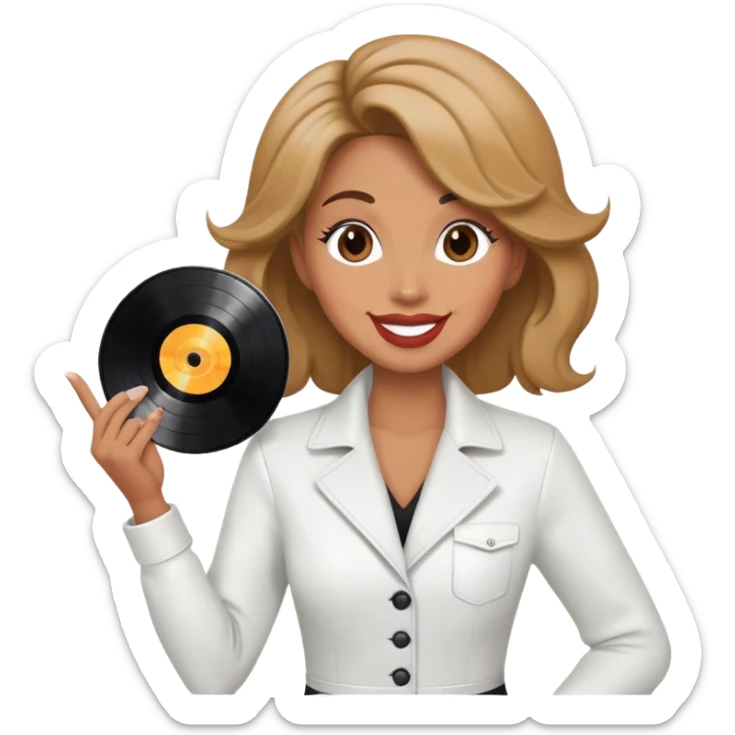 Smiling hair stylist blowing kiss holding vinyl album sticker