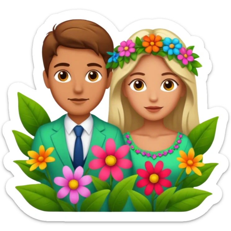 Adam and Eve dressed in clothes made of flowers and plants sticker