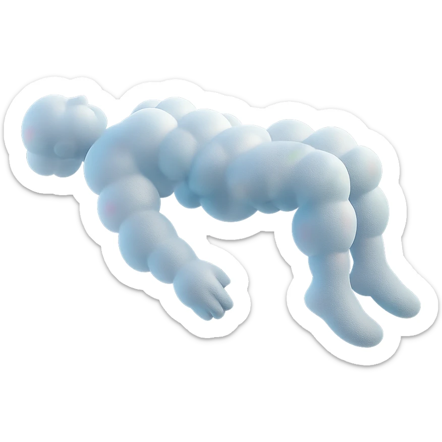 side view of unconscious person flying torso up, legs and arms down, made of small very bright white fluffy convex clouds with rainbow iridescence, matte glass style sticker