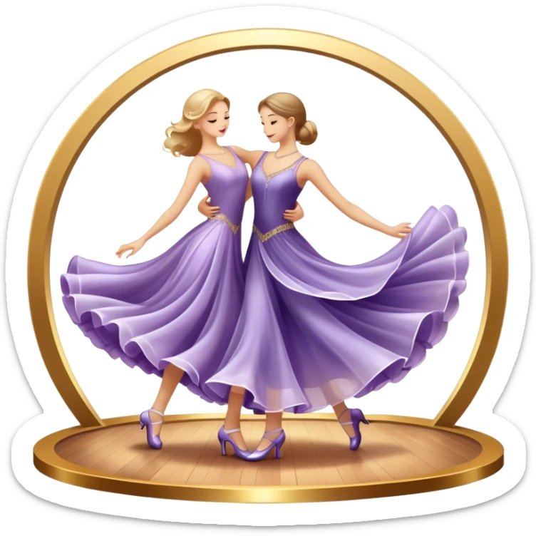 Icon for Ballroom Dance: elegant dance shoes, a flowing ballroom dress, and a dance floor with soft lighting. The icon should capture the grace, elegance, and style of ballroom dancing. Transparent background. sticker