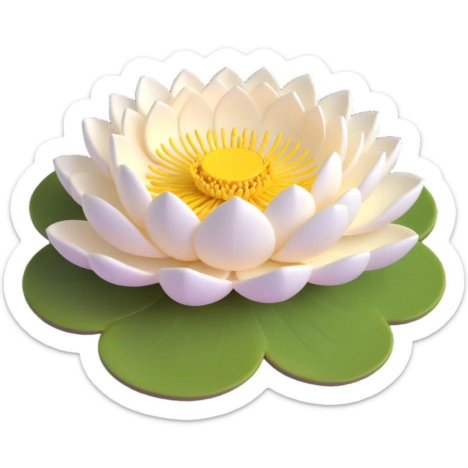 Realistic white lotus flower with detailed layered cream-white petals and bright yellow stamens, floating on accurate lotus pad with characteristic notch and bowl shape sticker