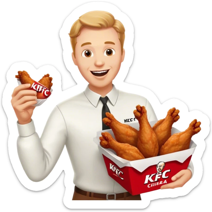 "Create an emoji of a white man holding KFC chicken wings with a happy and excited expression. Add the phrase 'ABSOLUTE CINEMA' in large, bold letters, making sure it covers the entire screen and stands out clearly. Use a vibrant and expressive style.""Create an emoji of a white man holding KFC chicken wings with a happy and excited expression. Make sure to add the text 'ABSOLUTE CINEMA' in large, bold letters, covering the entire screen and standing out clearly. This text must be included. Use a vibrant and expressive style." sticker