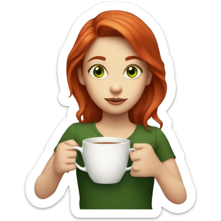 a girl with green eyes and red hair holds a mug of tea sticker