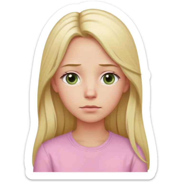 blonde with long hair and swamp-colored eyes, wearing a pastel pink shirt, thoughtful expression, head slightly tilted, iOS Apple emoji style sticker