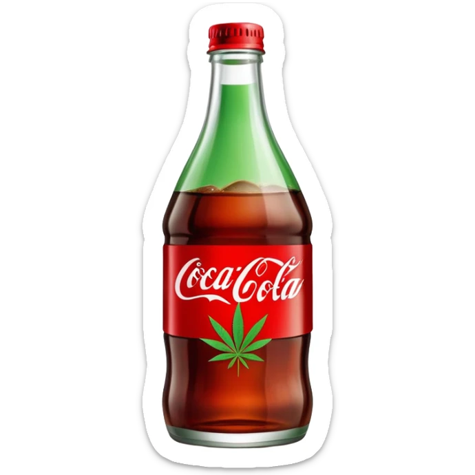 iconic curved Coca-Cola style glass bottle in red with a green cannabis leaf and "red pop" text on the label sticker
