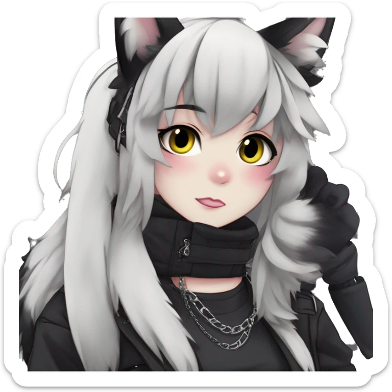 Gorgeous furry gothic dark techwear anime style anthro black cat furry sona Fakemon with blushing face aesthetic and pretty edgy black with collar and harness trending style chains cargo pants tomboy sticker