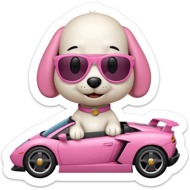 Snoopy in a Lamborghini, the Lamborghini is sideways and Snoopy isn't big, the Lamborghini is pink sticker