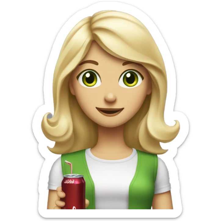 Blonde girl with shoulder length hair and swooped, bangs, big green eyes holding a diet Dr Pepper and looking happy sticker