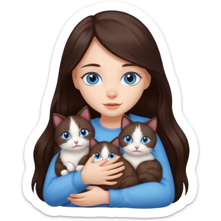a pretty girl with long dark 
brown hair, with blue eyes, hugs 3 different natural coloured small cats sticker