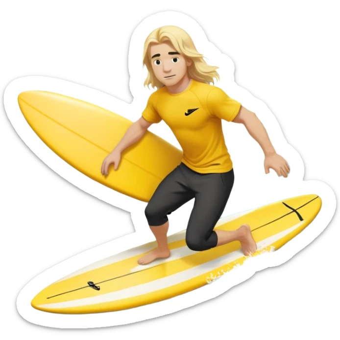 Man surfing on a yellow white board with long blond hair, yellow t-shirt with black Nike logo in center of chest, black baggy sweatpants. sticker