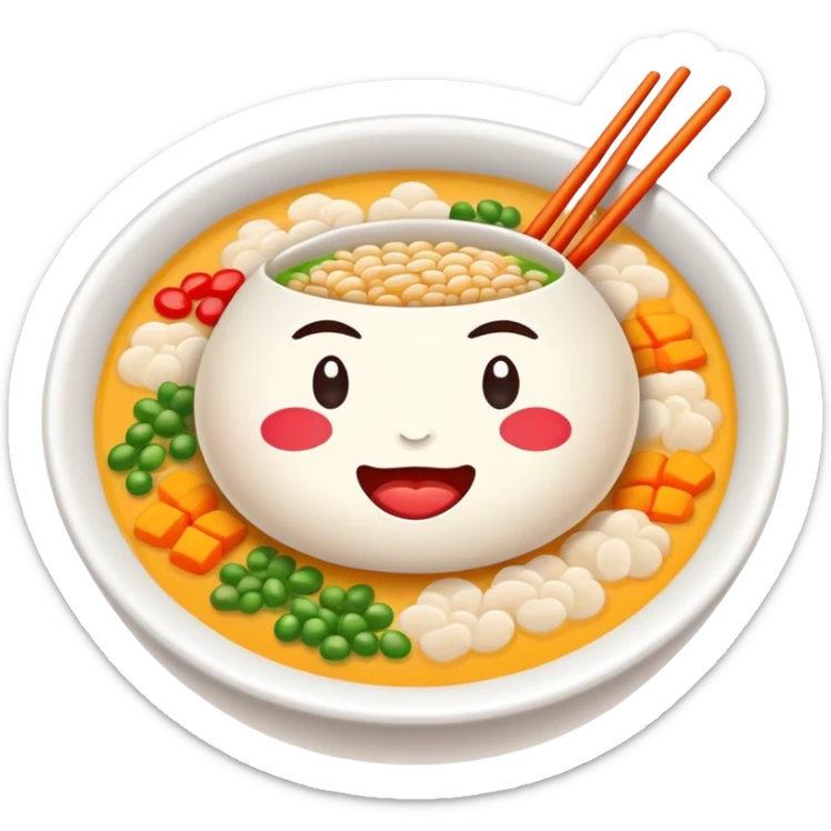Laba Festival congee with colorful ingredients and garnishes, simplified emoji style with bold outlines and bright colors, cartoon style traditional Buddhist ceremonial porridge sticker