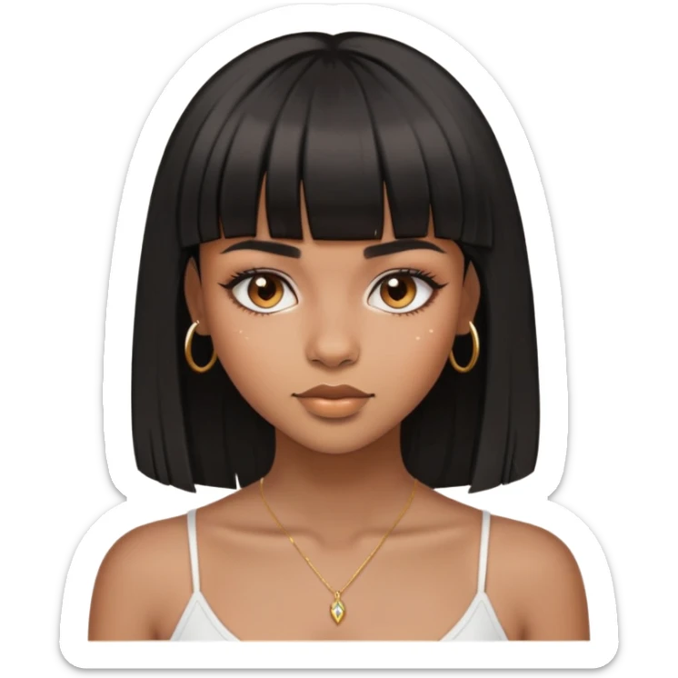 brownskin girl, beautiful girl, black straight hair with bangs above eyebrowns, nose piercing sticker