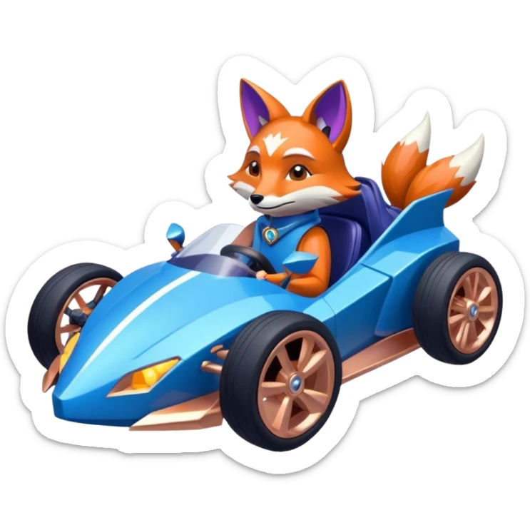 dark crystal blueberry and rosegold-accented cyber faceted-body electric racing car driven by a small cute but relaxed fox with rear spoiler, roll bar, and wheely bar sticker