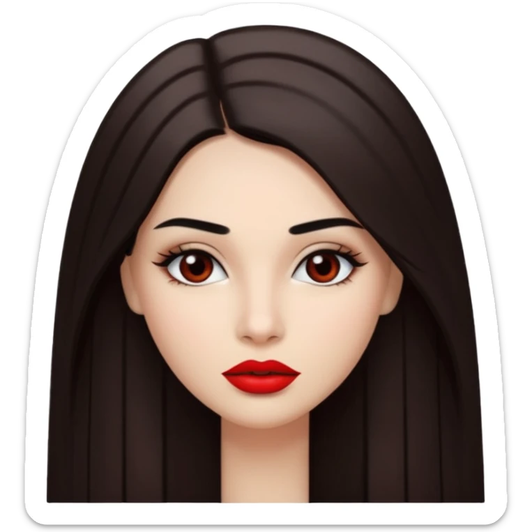 A woman emoji with fair skin, long straight dark brown hair parted in the middle, dark eyebrows, and red lipstick. sticker