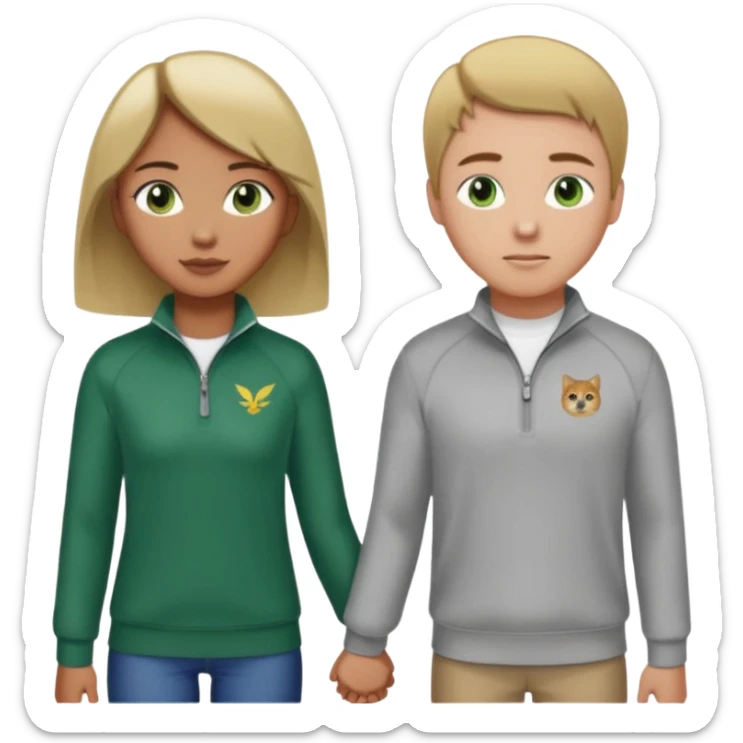 white guy with green eyes and brown hair wearing a quarter zip holding hands with a short filipino girl with blonde hair and long eyelashes wearing y2k girl styled clothing  sticker